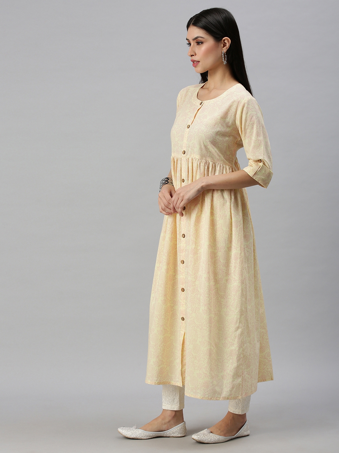 Showoff | SHOWOFF Women Yellow Floral Round Neck Three-Quarter Sleeves Long A-Line Kurta 2