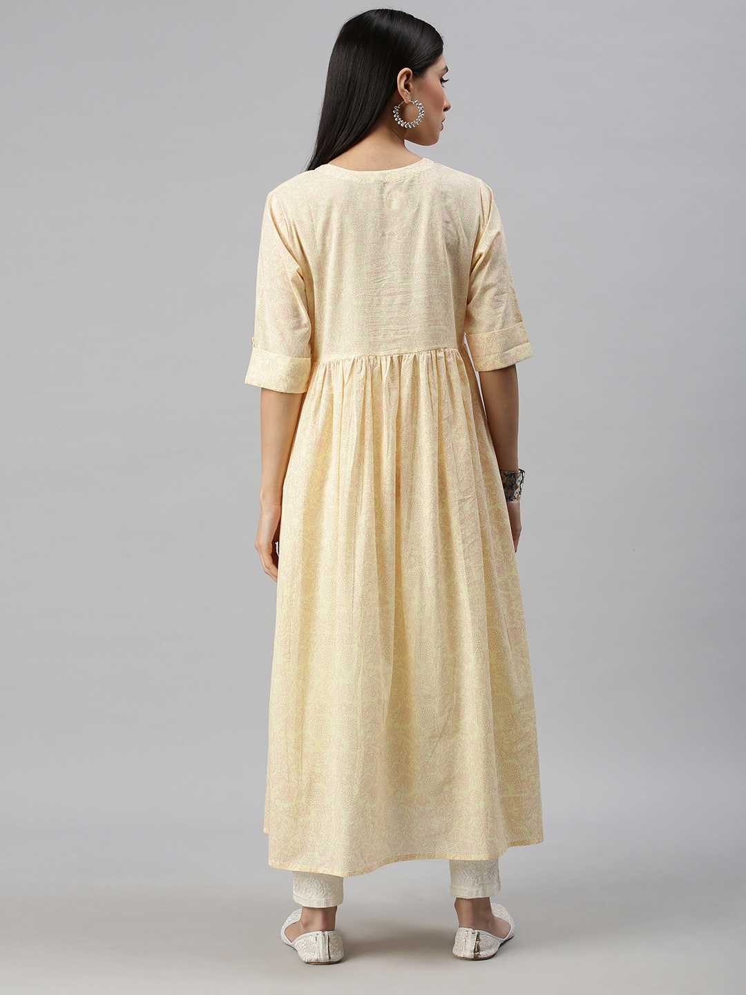 Showoff | SHOWOFF Women Yellow Floral Round Neck Three-Quarter Sleeves Long A-Line Kurta 3