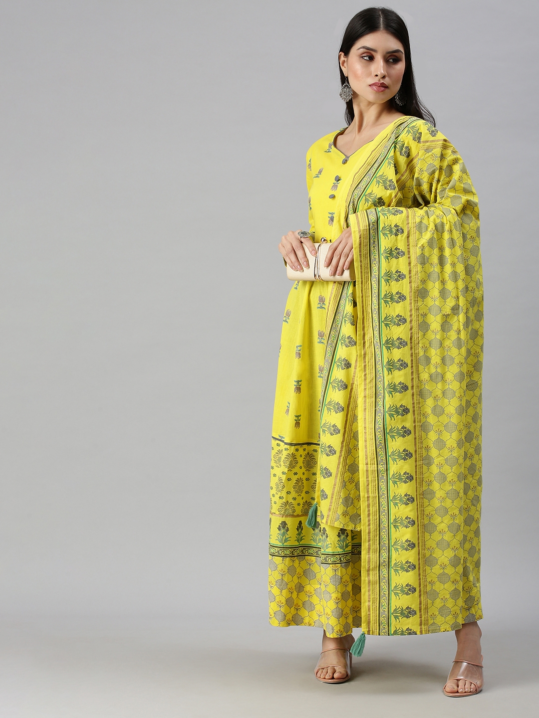 Showoff | SHOWOFF Women Yellow Floral V Neck Full Sleeves Long Anarkali Kurta 4