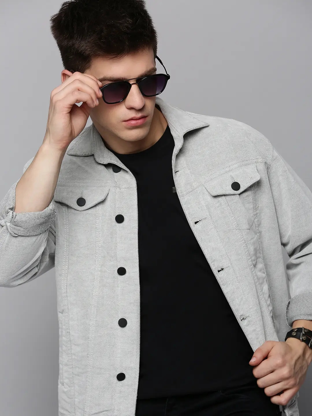 Showoff | SHOWOFF Men Grey Self Design Spread Collar Full Sleeves Open Front Jacket 0