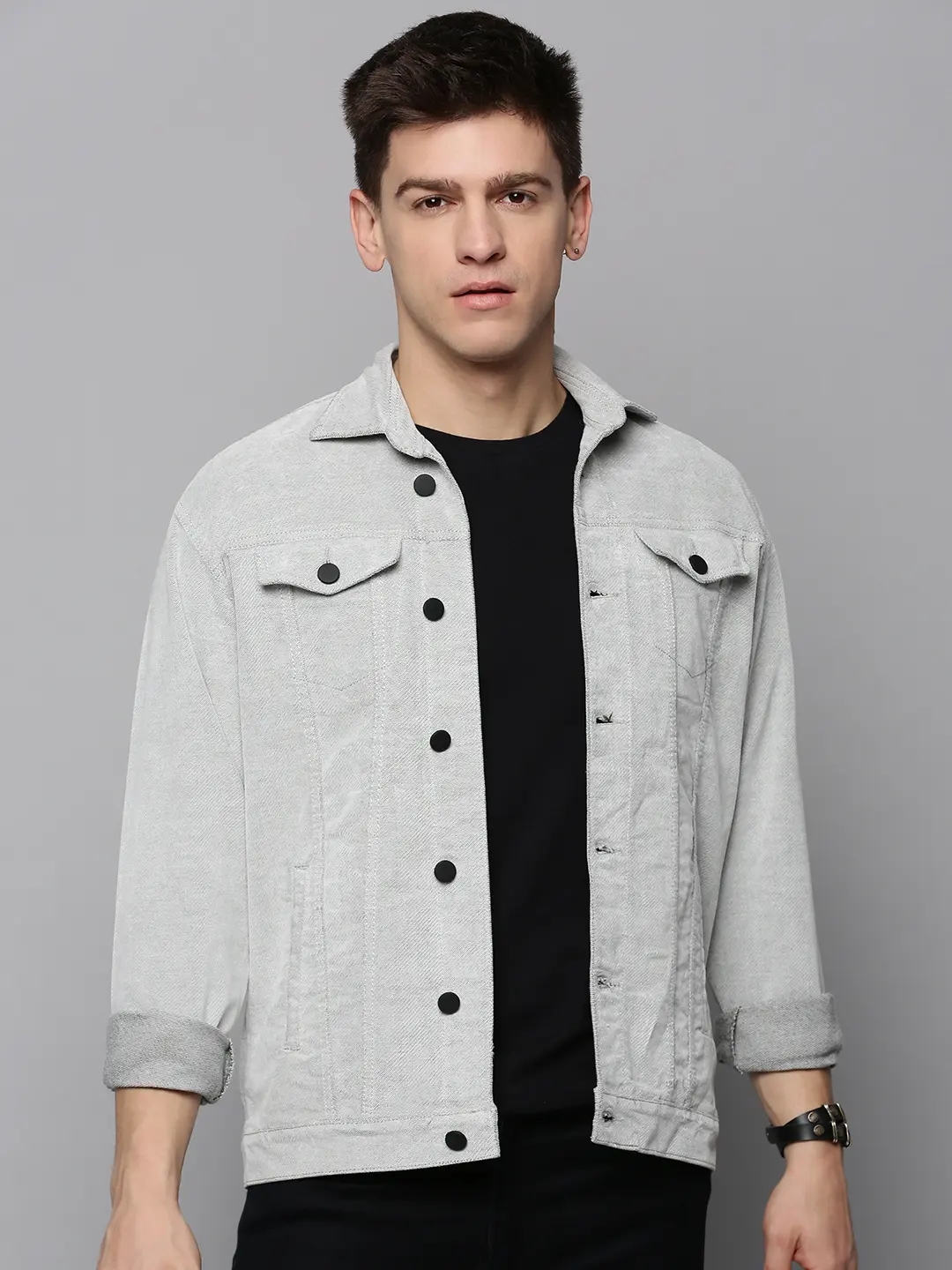 Showoff | SHOWOFF Men Grey Self Design Spread Collar Full Sleeves Open Front Jacket 1
