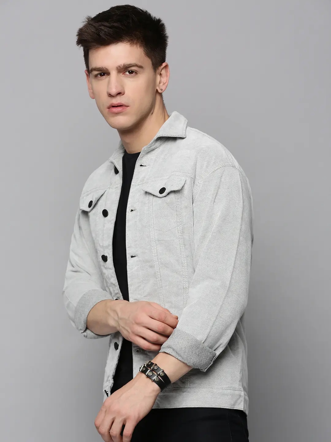 Showoff | SHOWOFF Men Grey Self Design Spread Collar Full Sleeves Open Front Jacket 2