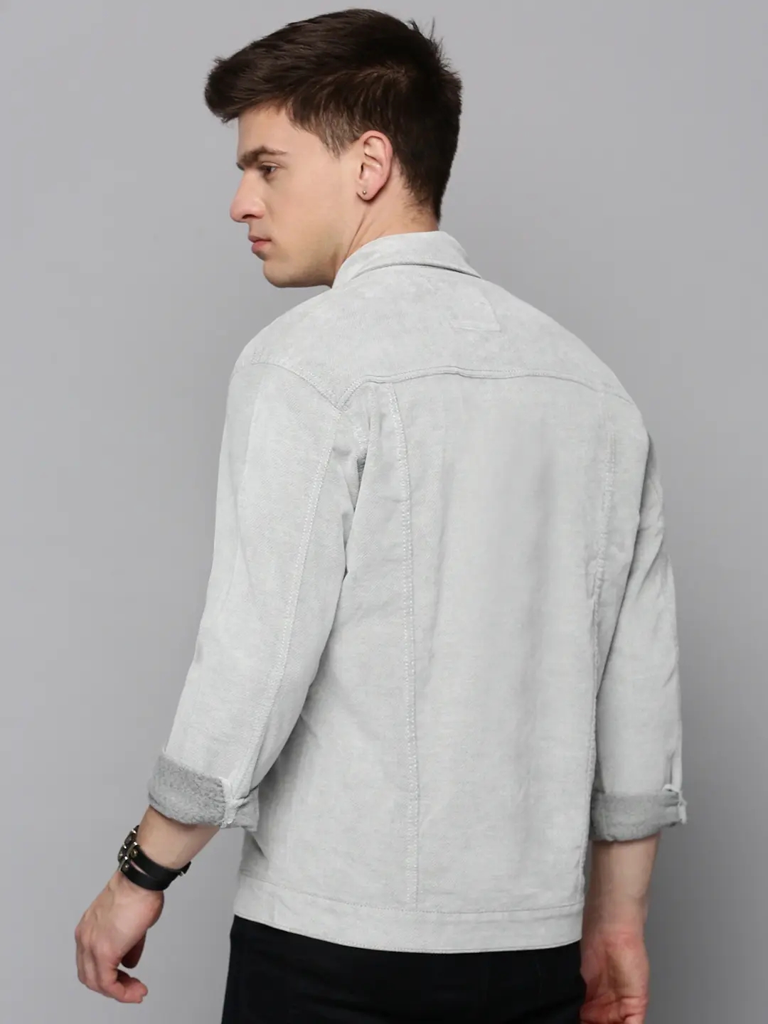 Showoff | SHOWOFF Men Grey Self Design Spread Collar Full Sleeves Open Front Jacket 3
