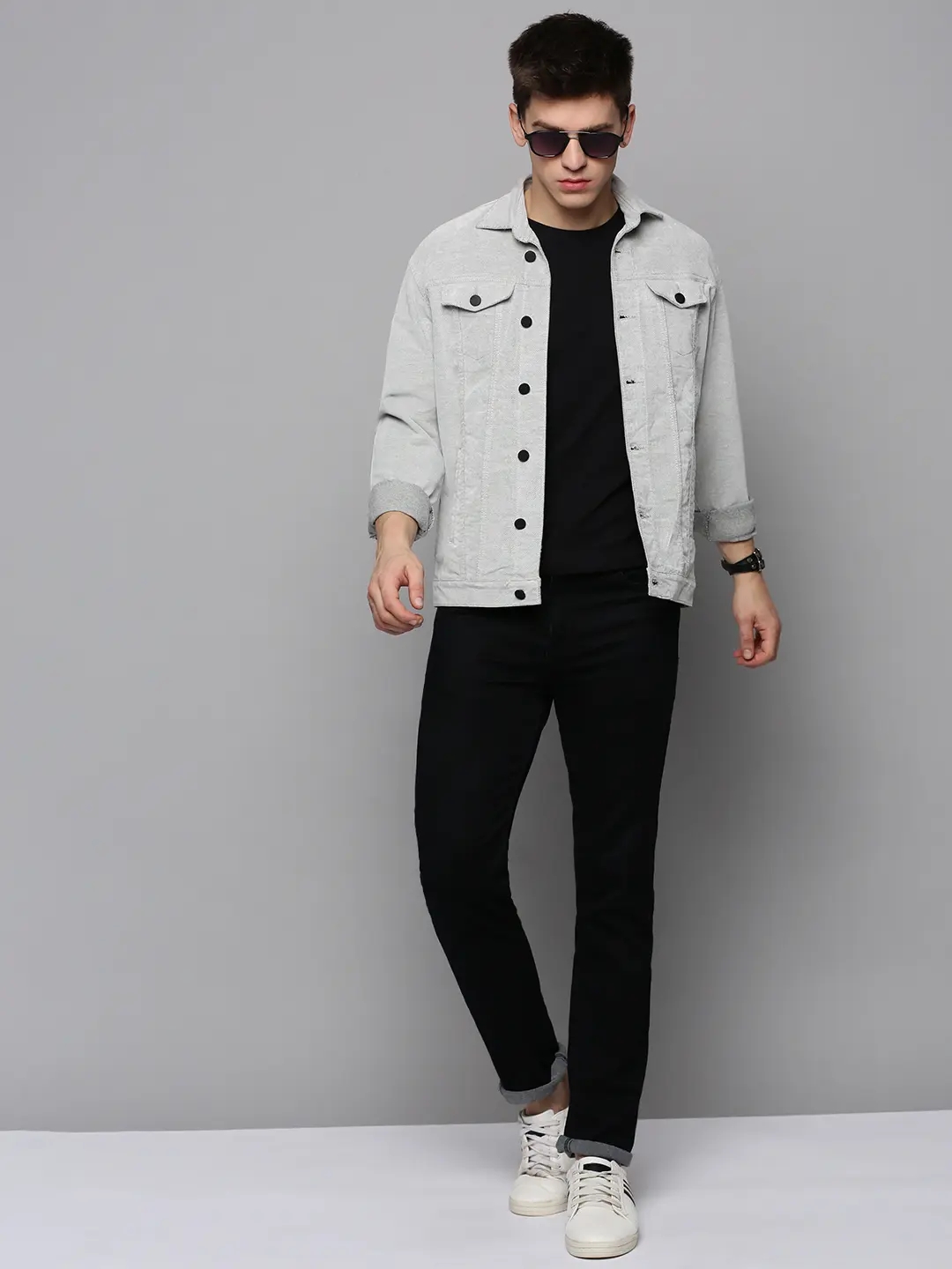 Showoff | SHOWOFF Men Grey Self Design Spread Collar Full Sleeves Open Front Jacket 4