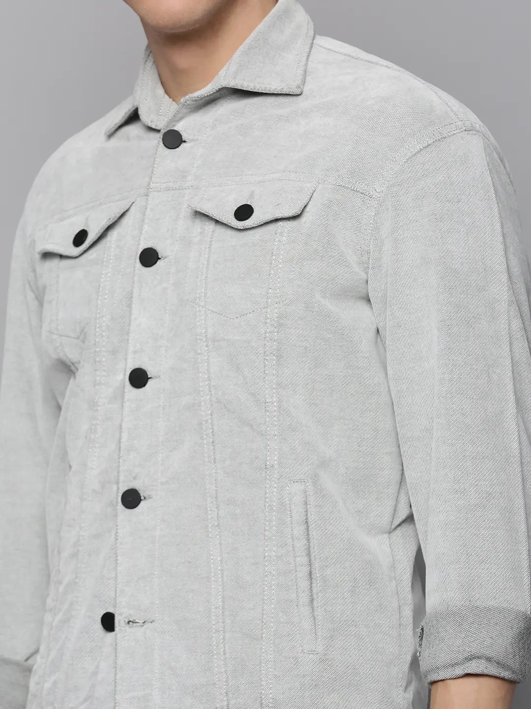 Showoff | SHOWOFF Men Grey Self Design Spread Collar Full Sleeves Open Front Jacket 5