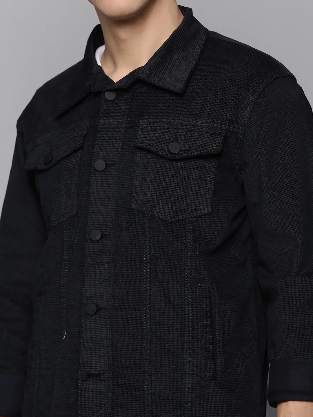 Showoff | SHOWOFF Men Navy Blue Self Design Spread Collar Full Sleeves Open Front Jacket 5