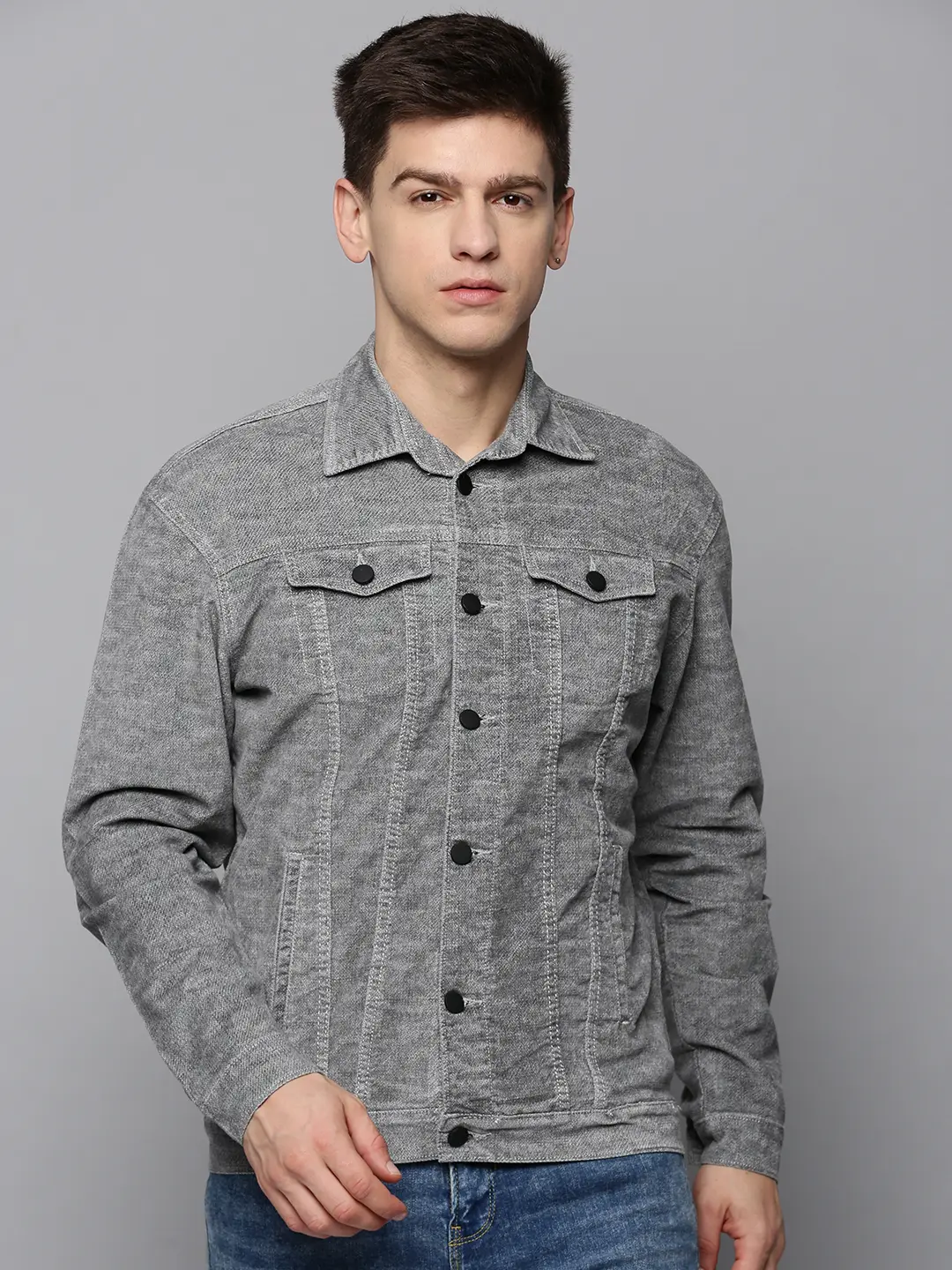 SHOWOFF Men Grey Self Design Spread Collar Full Sleeves Open Front Jacket