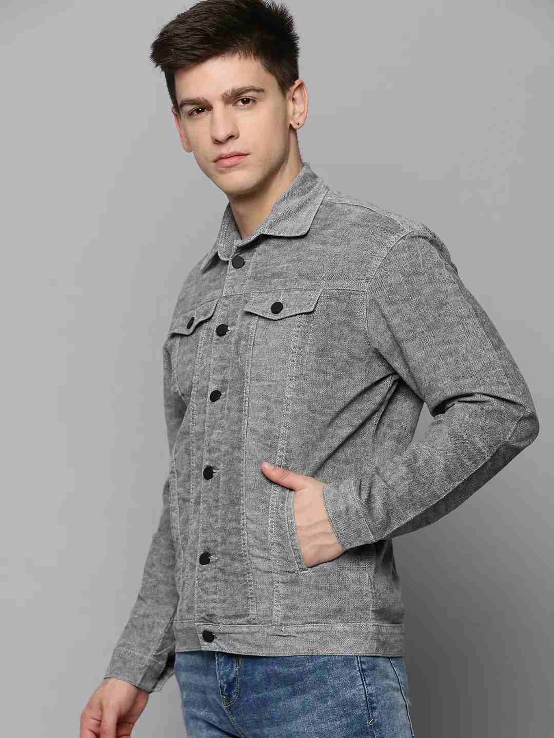 SHOWOFF Men Grey Self Design Spread Collar Full Sleeves Open Front Jacket