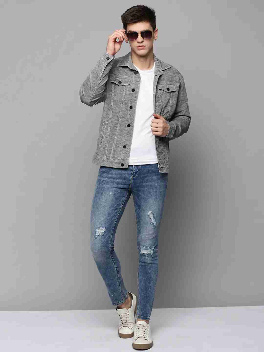 SHOWOFF Men Grey Self Design Spread Collar Full Sleeves Open Front Jacket