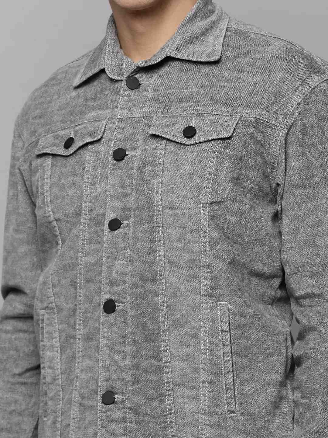 SHOWOFF Men Grey Self Design Spread Collar Full Sleeves Open Front Jacket