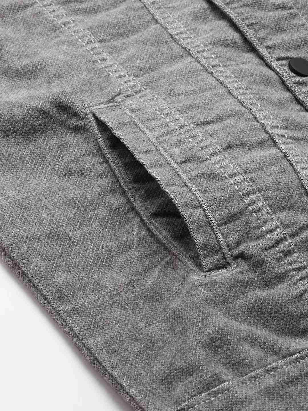 SHOWOFF Men Grey Self Design Spread Collar Full Sleeves Open Front Jacket