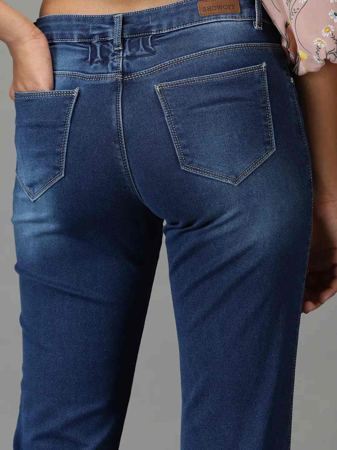 SHOWOFF Women Navy Blue Solid Boyfriend Fit Jeans