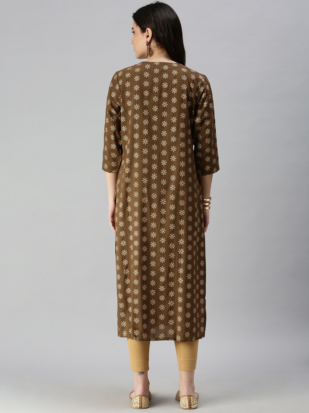 SHOWOFF Women Olive Floral Round Neck Three-Quarter Sleeves Mid Length Straight Kurta