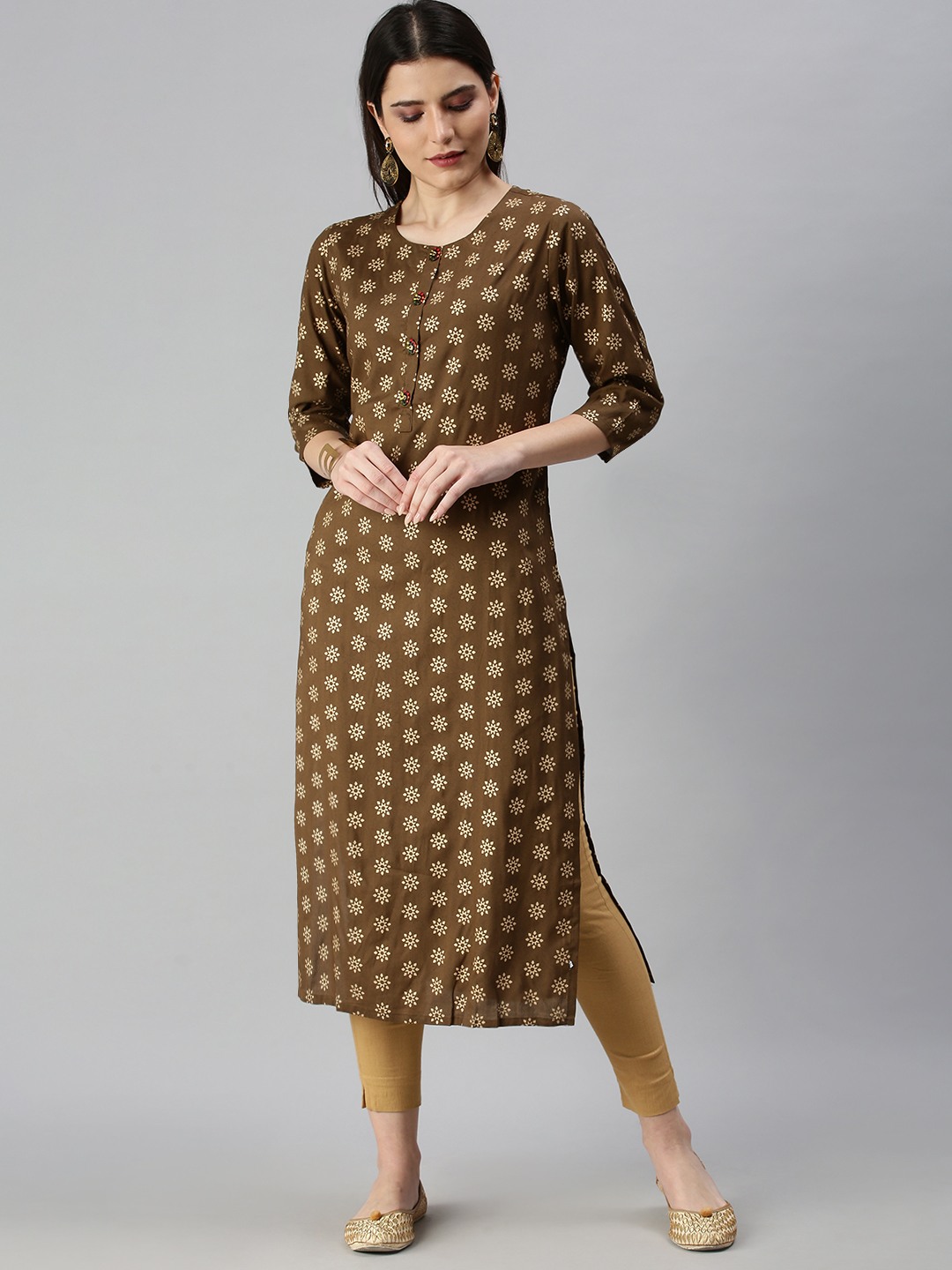 SHOWOFF Women Olive Floral Round Neck Three-Quarter Sleeves Mid Length Straight Kurta
