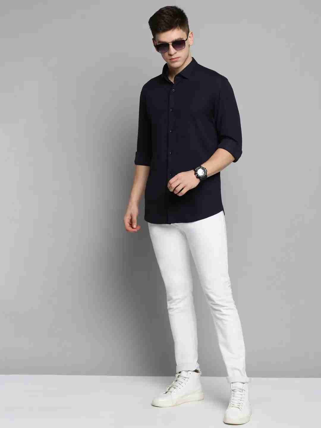 SHOWOFF Men Navy Blue Solid Spread Collar Full Sleeves Casual Shirt