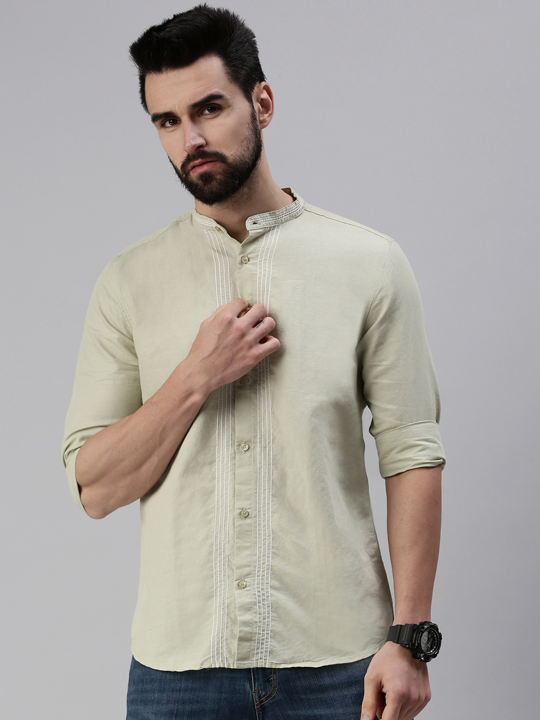 Showoff | SHOWOFF Men Olive Solid Mandarin Collar Full Sleeves Casual Shirt 0