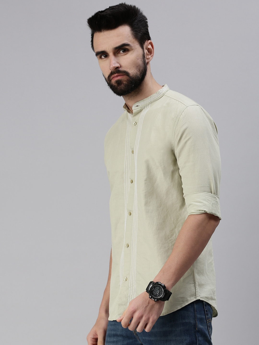 Showoff | SHOWOFF Men Olive Solid Mandarin Collar Full Sleeves Casual Shirt 1