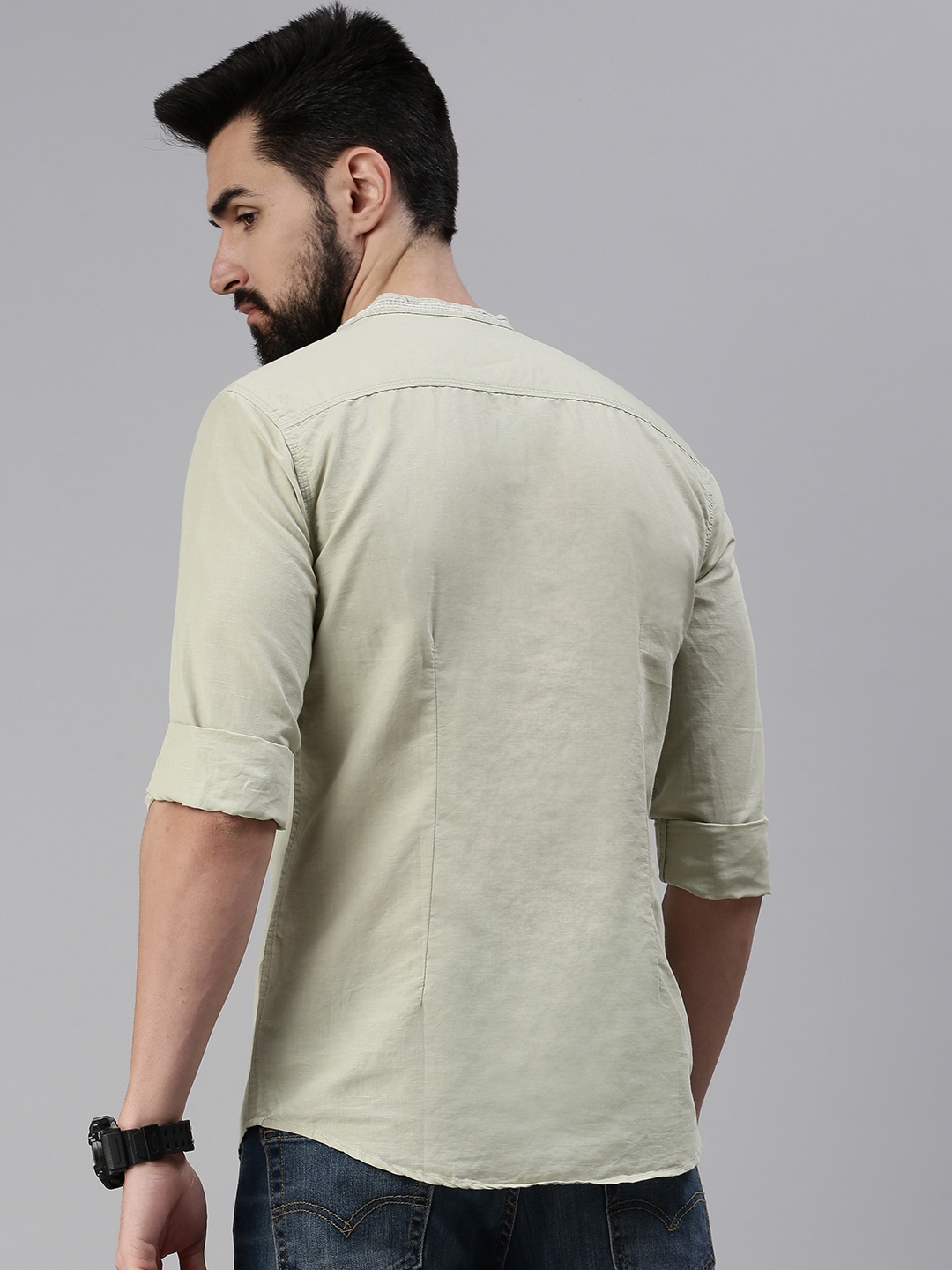 Showoff | SHOWOFF Men Olive Solid Mandarin Collar Full Sleeves Casual Shirt 2