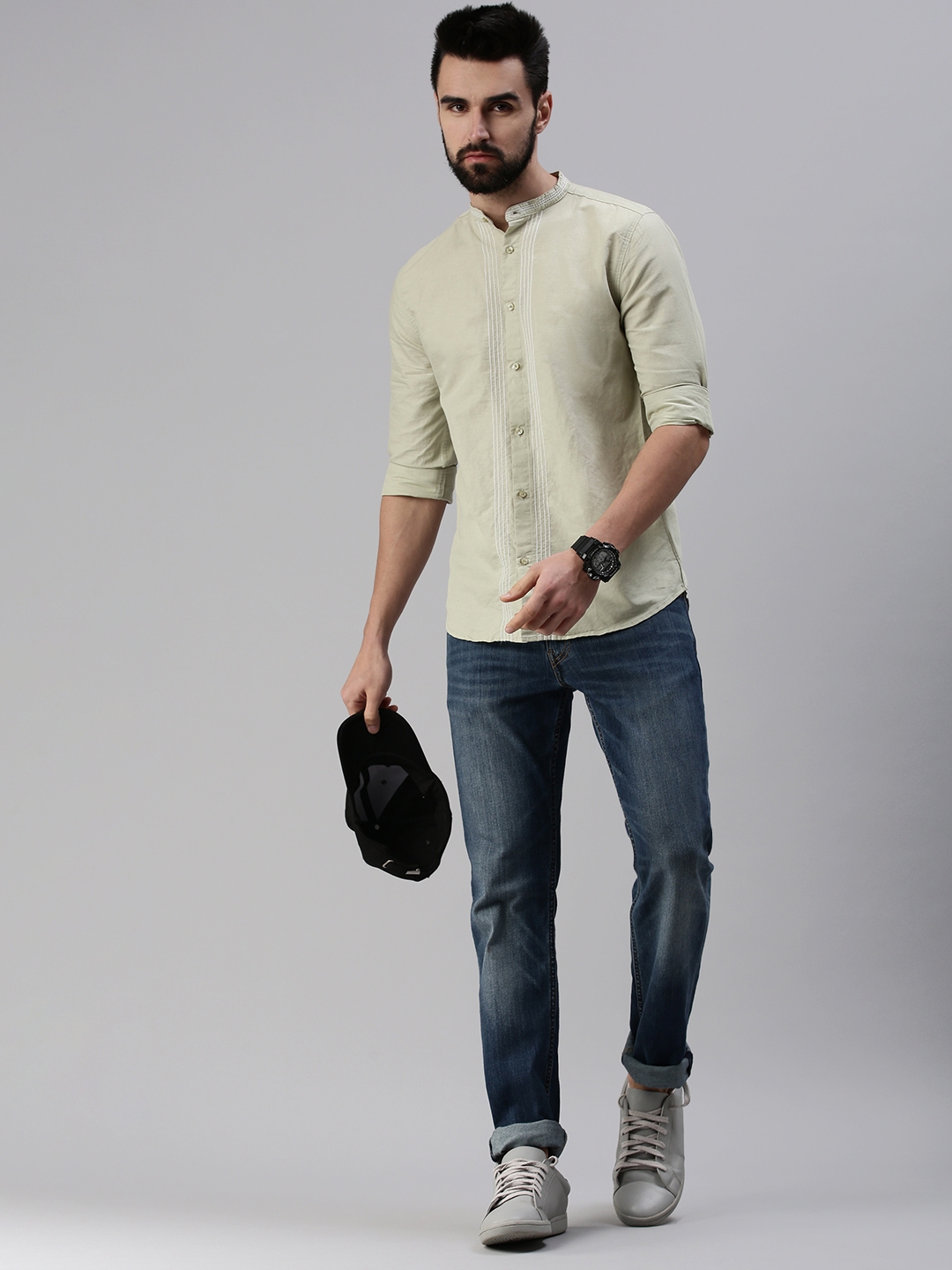 Showoff | SHOWOFF Men Olive Solid Mandarin Collar Full Sleeves Casual Shirt 3