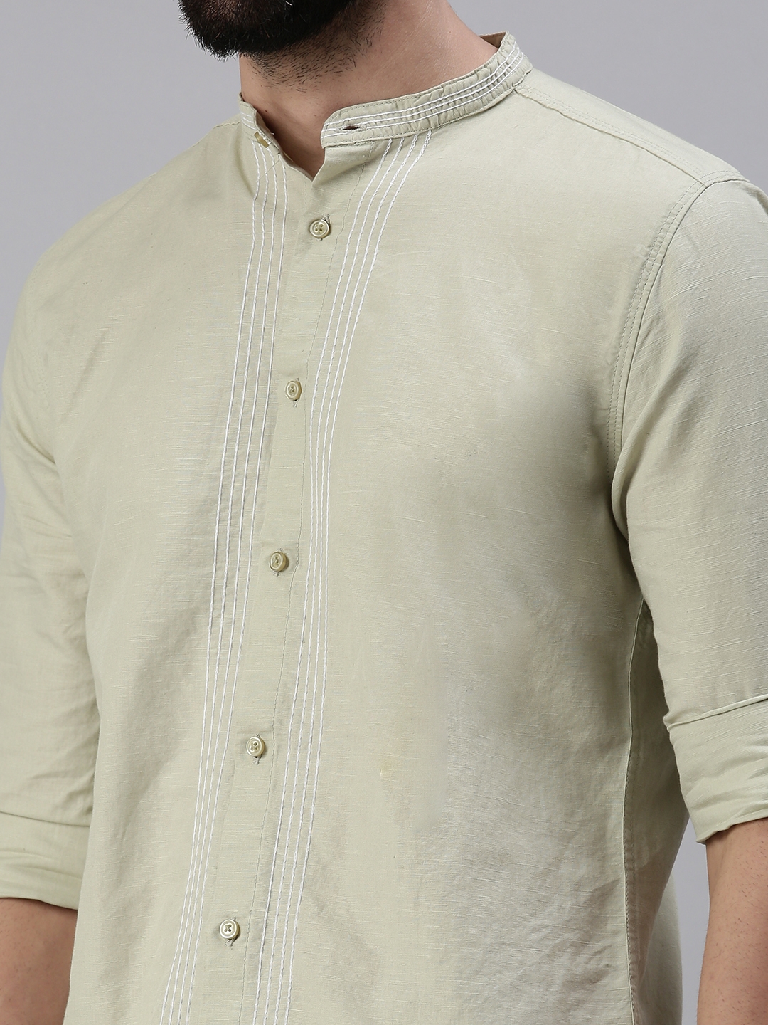 Showoff | SHOWOFF Men Olive Solid Mandarin Collar Full Sleeves Casual Shirt 4