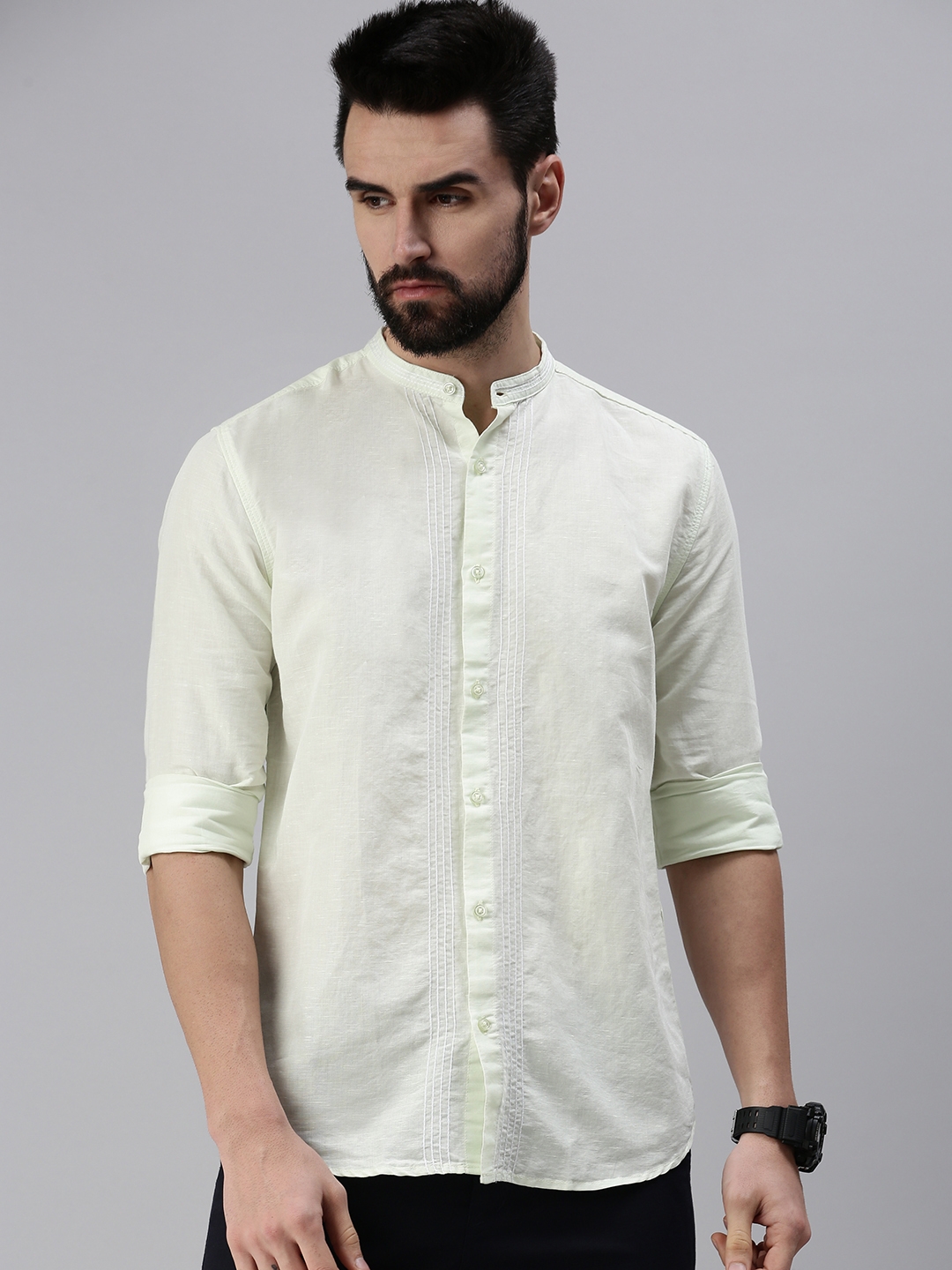 Showoff | SHOWOFF Men Green Solid Mandarin Collar Full Sleeves Casual Shirt 1