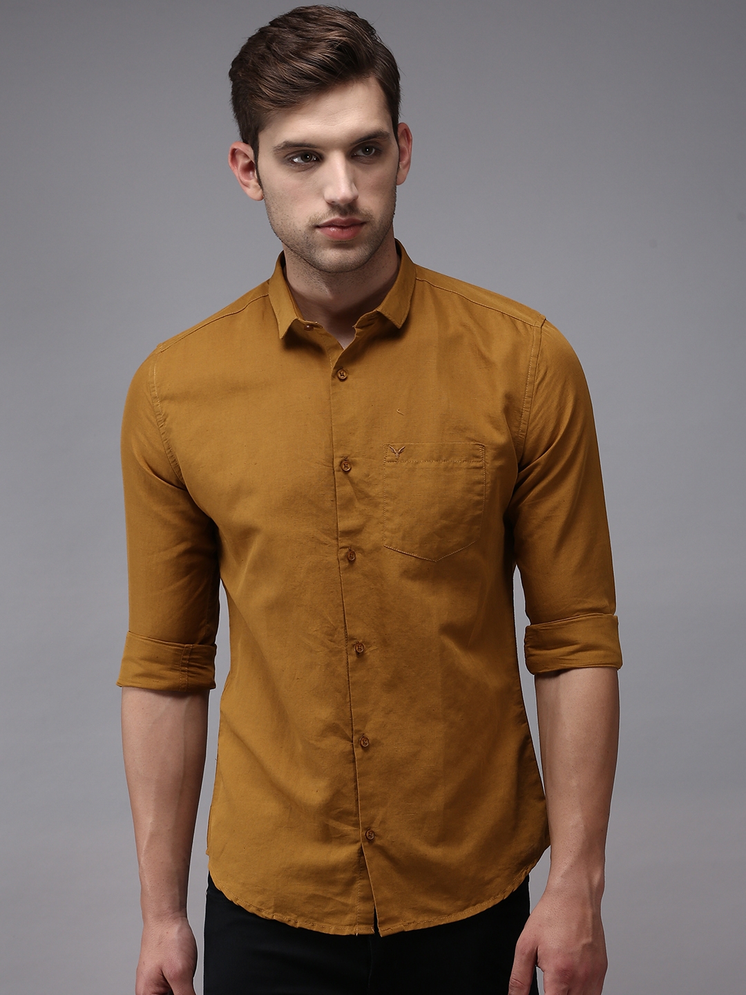 Showoff | SHOWOFF Men Bronze Solid Spread Collar Full Sleeves Casual Shirt 1