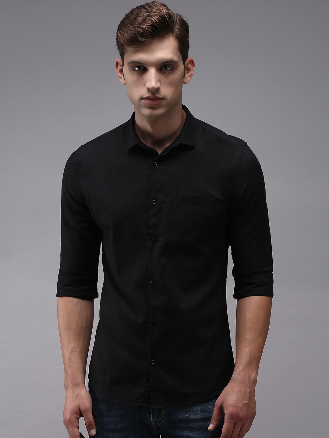 Showoff | SHOWOFF Men Black Solid Spread Collar Full Sleeves Casual Shirt 1