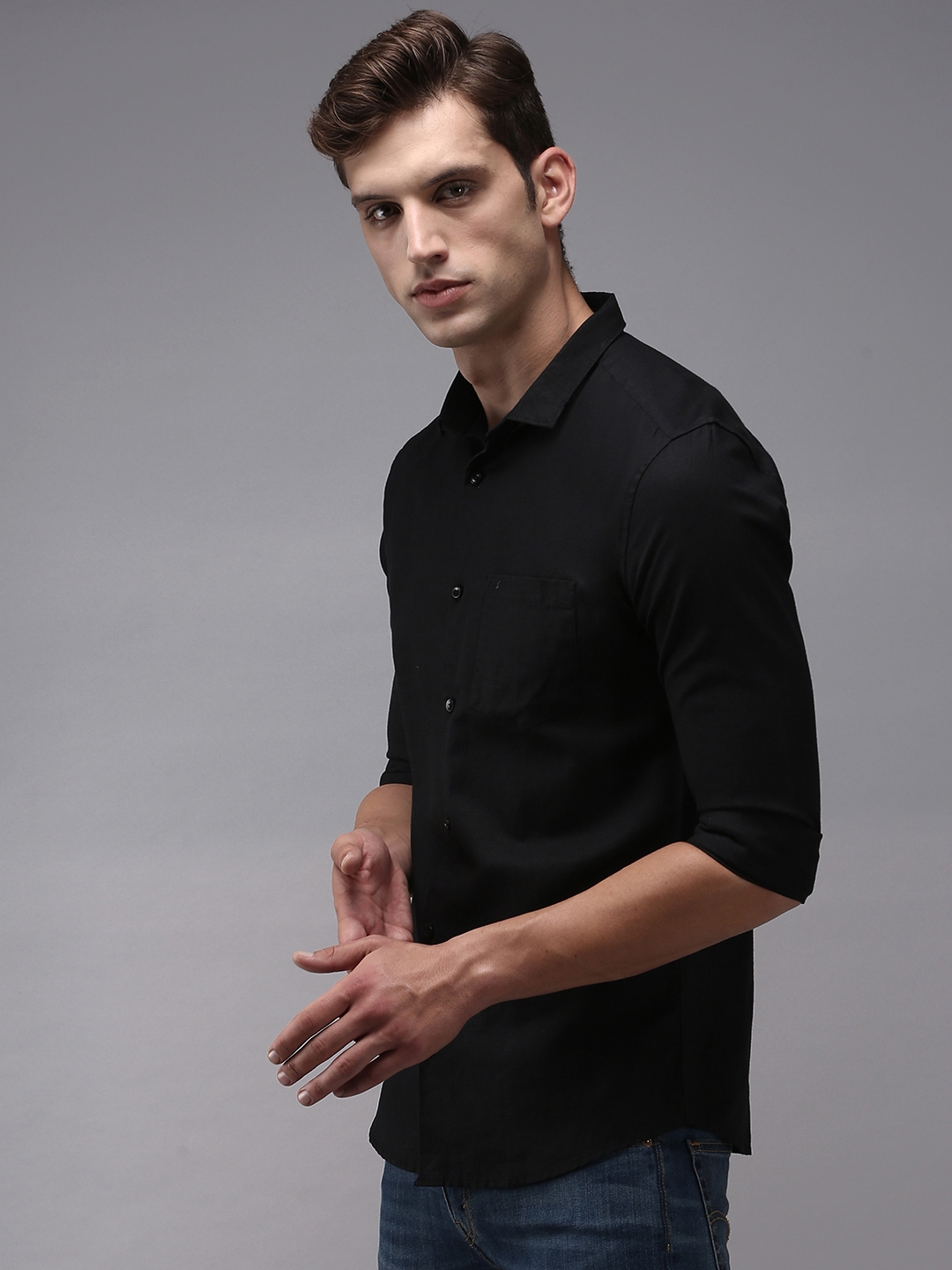 Showoff | SHOWOFF Men Black Solid Spread Collar Full Sleeves Casual Shirt 2