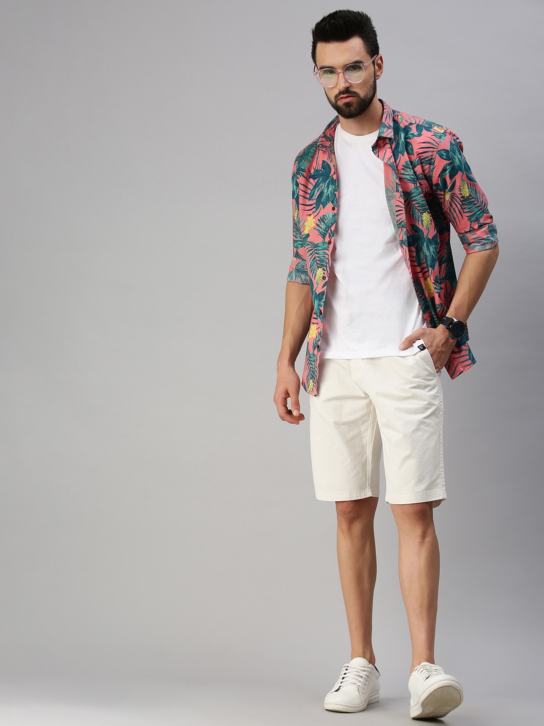 SHOWOFF Men Pink Printed Slim Collar Full Sleeves Casual Shirt