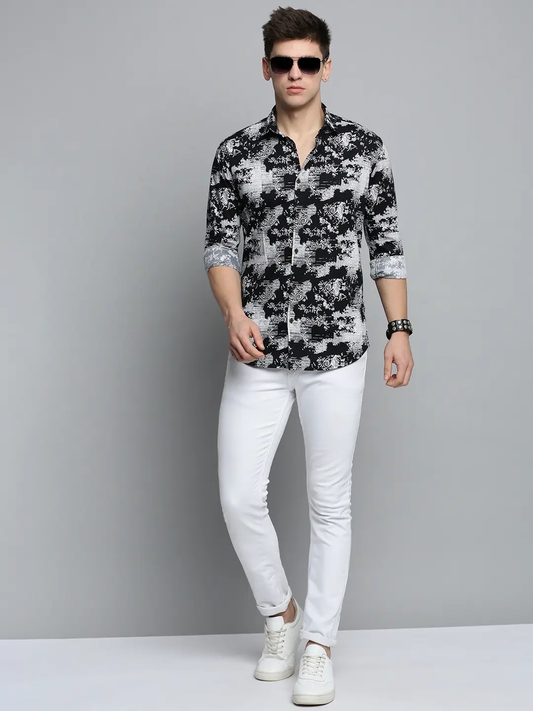 Showoff | SHOWOFF Men Black Printed Spread Collar Full Sleeves Casual Shirt 4