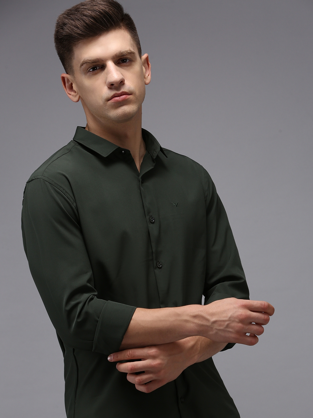 Showoff | SHOWOFF Men's Olive Spread Collar Solid Classic Fit Shirt 0