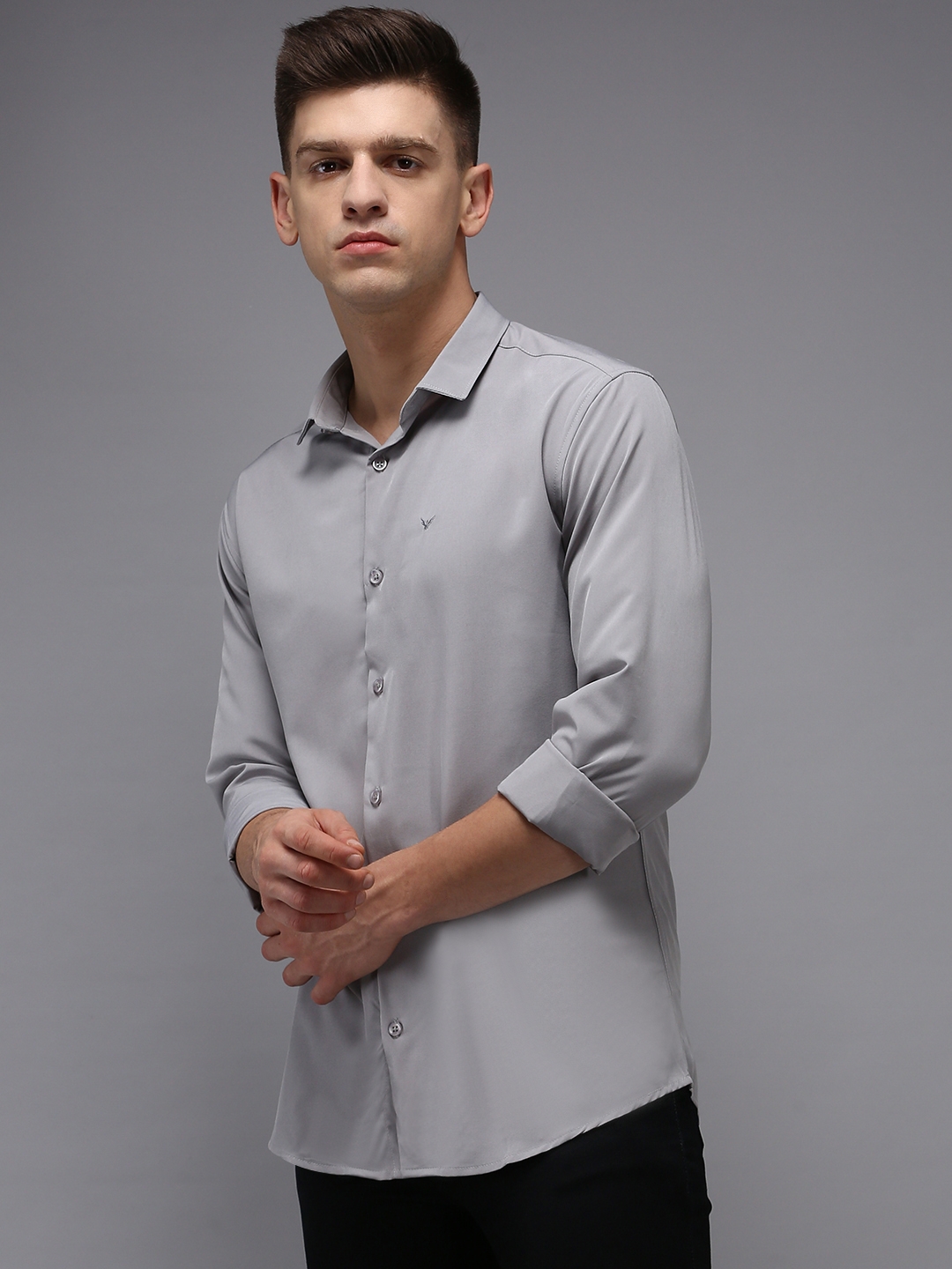 Showoff | SHOWOFF Men Grey Solid Spread Collar Full Sleeves Casual Shirt 1