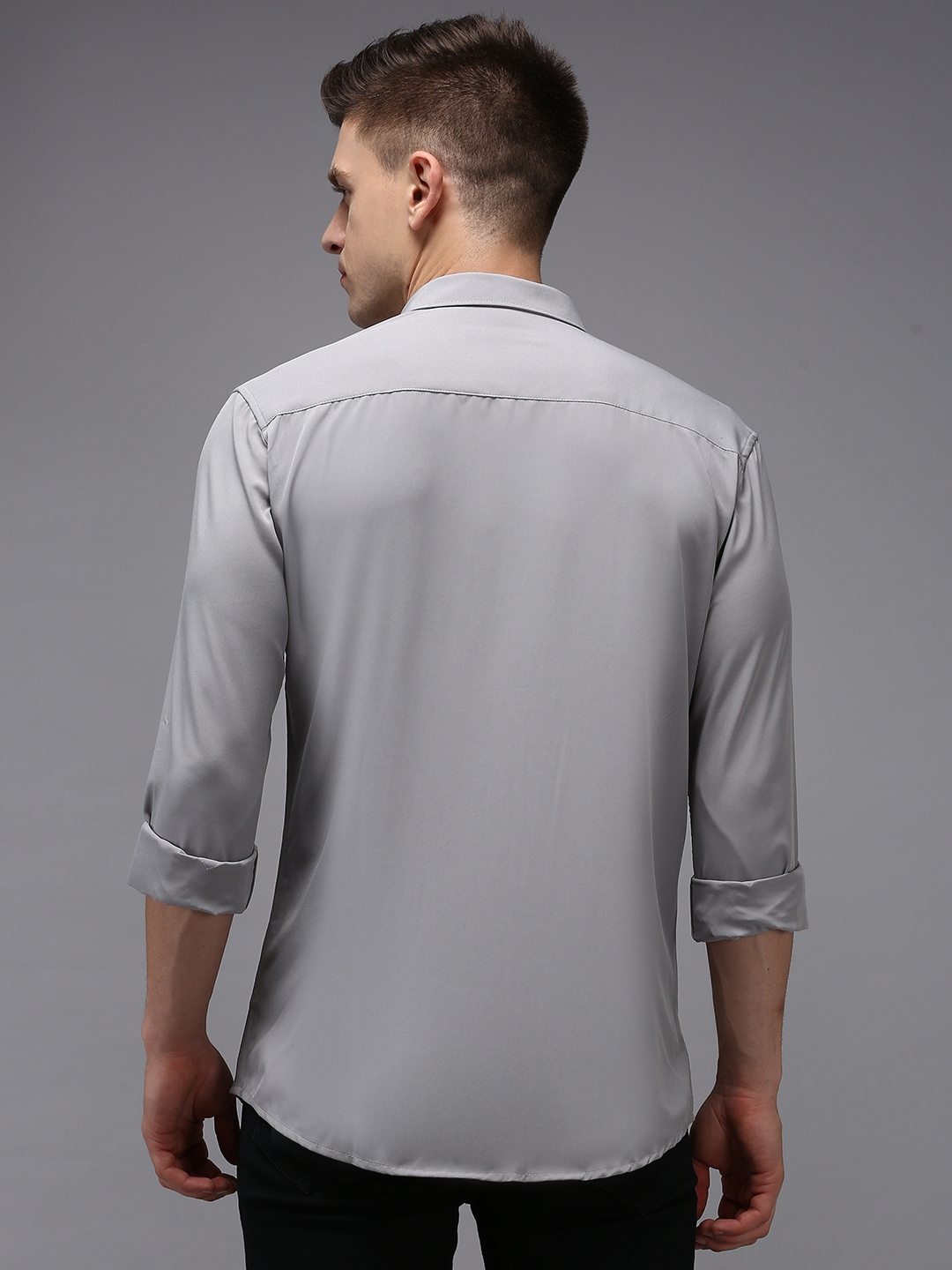 Showoff | SHOWOFF Men Grey Solid Spread Collar Full Sleeves Casual Shirt 2