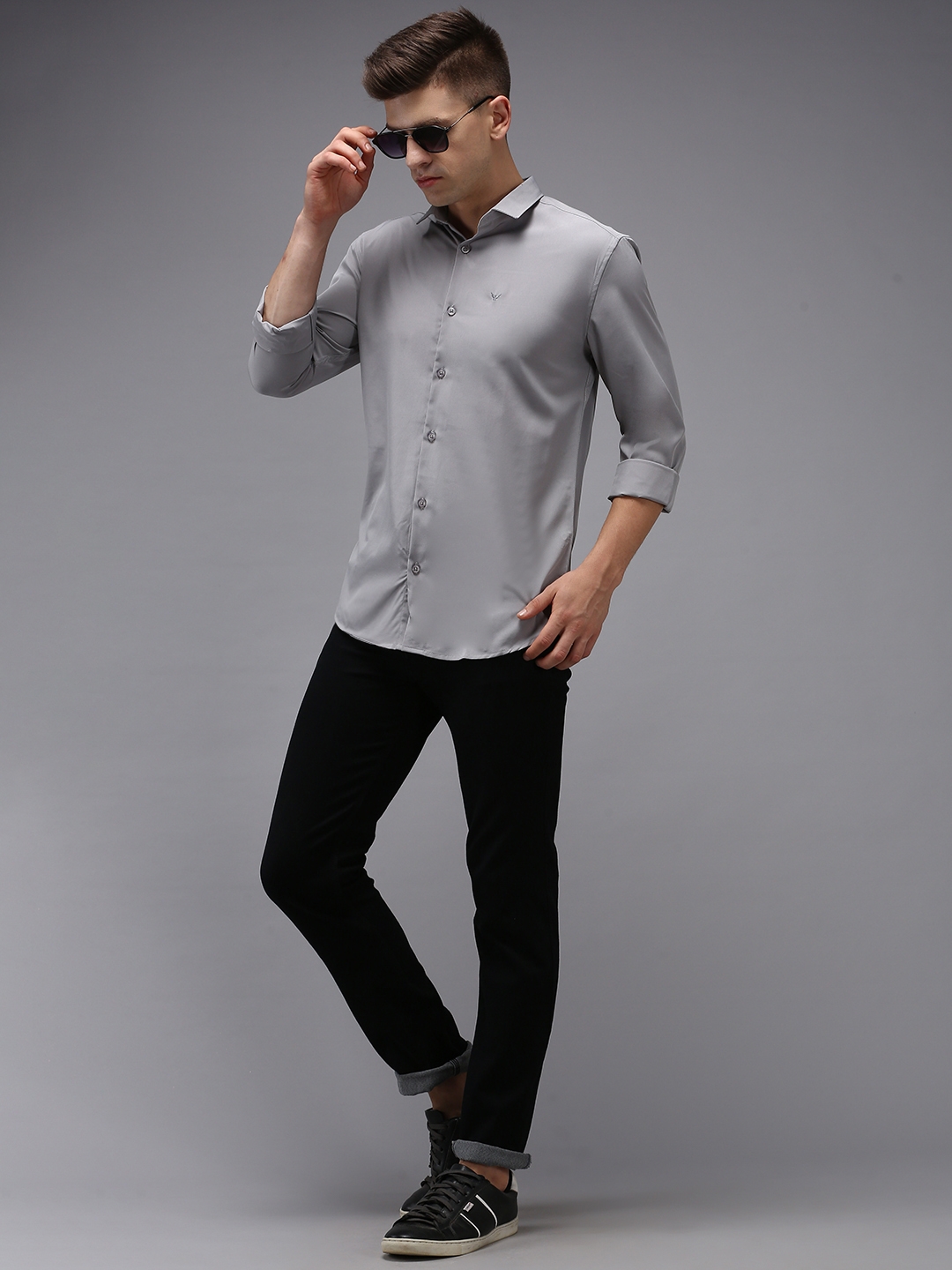 Showoff | SHOWOFF Men Grey Solid Spread Collar Full Sleeves Casual Shirt 3