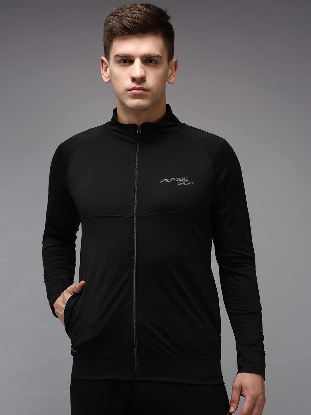 Showoff | SHOWOFF Men Black Solid High Neck Full Sleeves Front-Open Sweatshirt 1