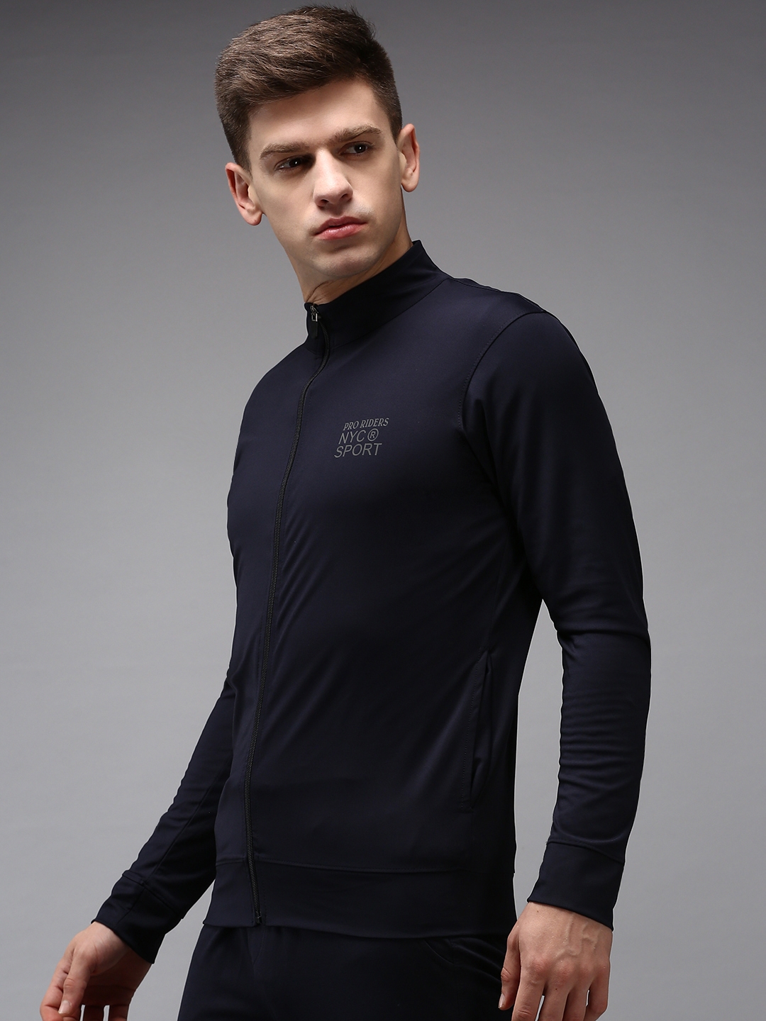 Showoff | SHOWOFF Men Navy Blue Solid High Neck Full Sleeves Front-Open Sweatshirt 1