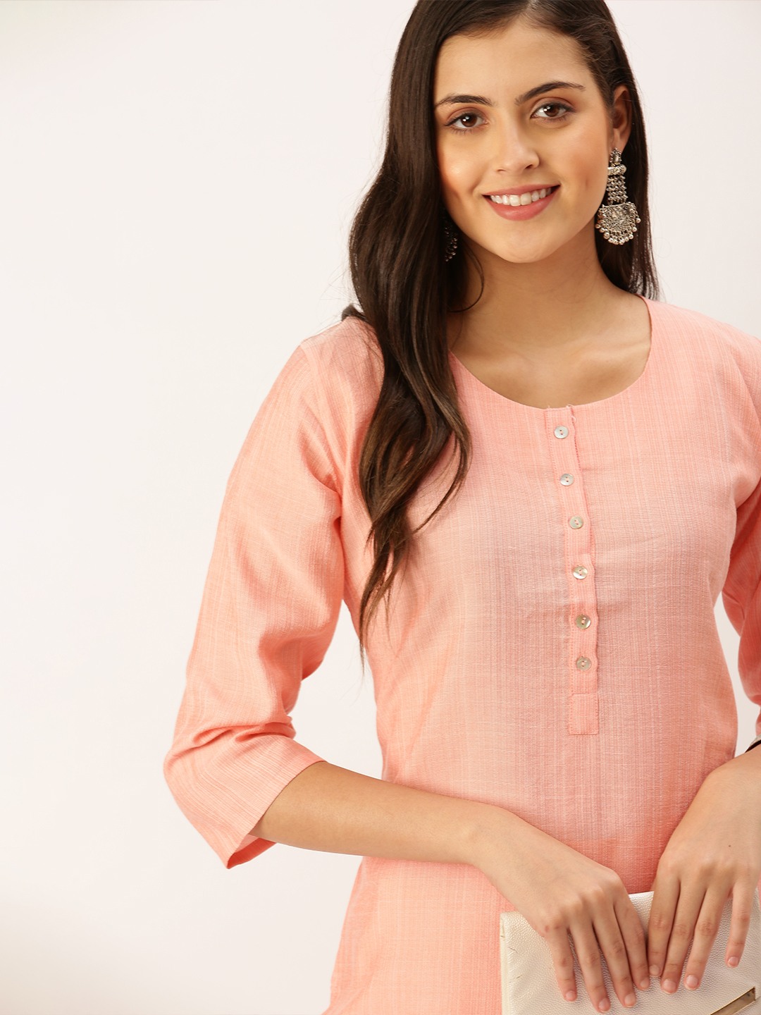 Peach Color Solid 3/4Th Sleeve Yoke Schiffli Detailing Straight Kurta