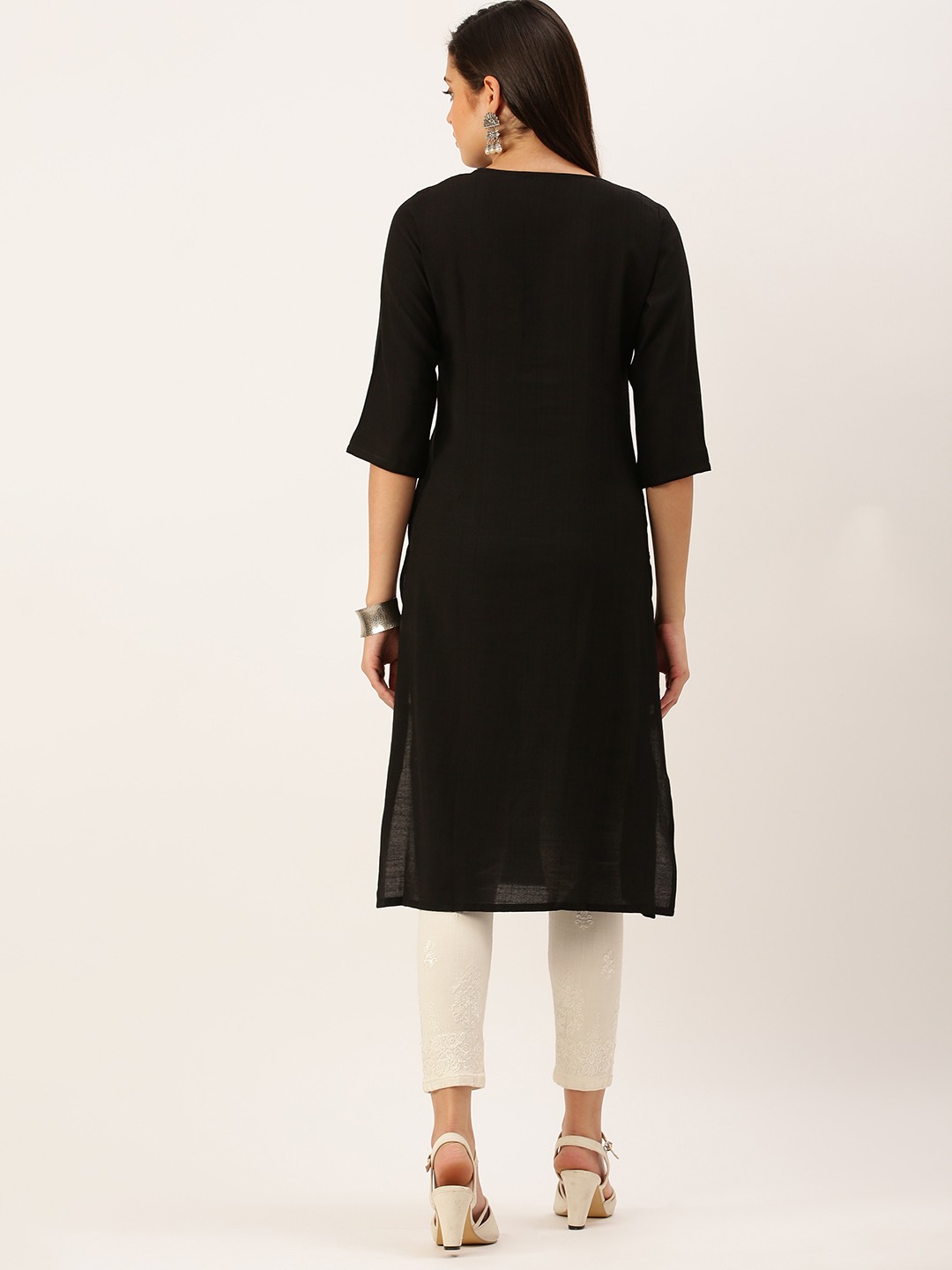 Showoff | SHOWOFF Women Black Solid Round Neck Three-Quarter Sleeves Mid Length Straight Kurta 3