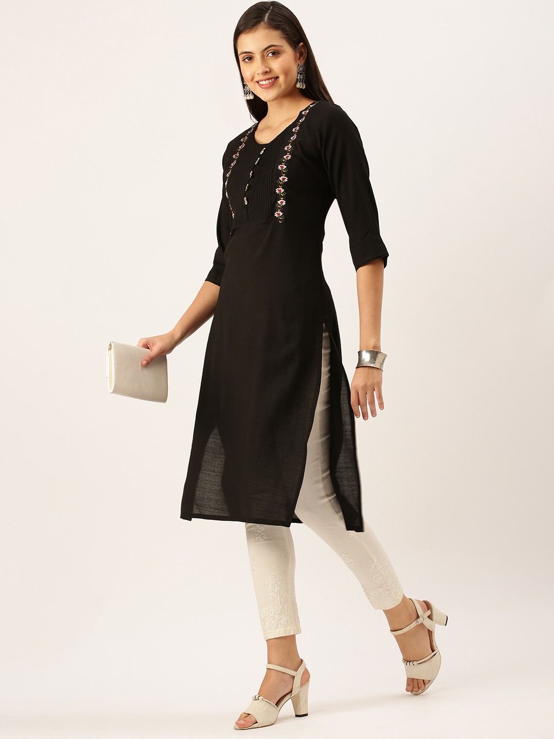 Showoff | SHOWOFF Women Black Solid Round Neck Three-Quarter Sleeves Mid Length Straight Kurta 4