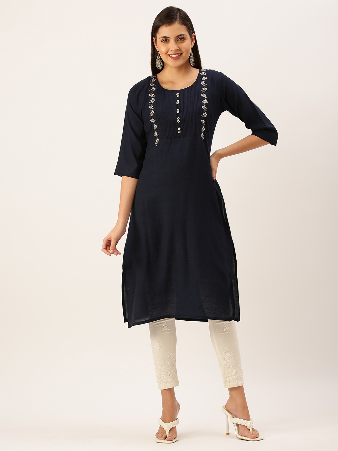 SHOWOFF Women's Mid Length Navy Blue Solid Kurta