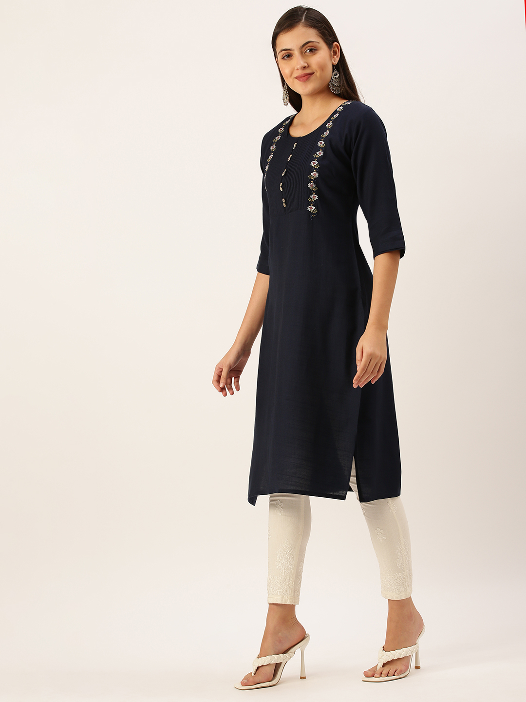 SHOWOFF Women's Mid Length Navy Blue Solid Kurta