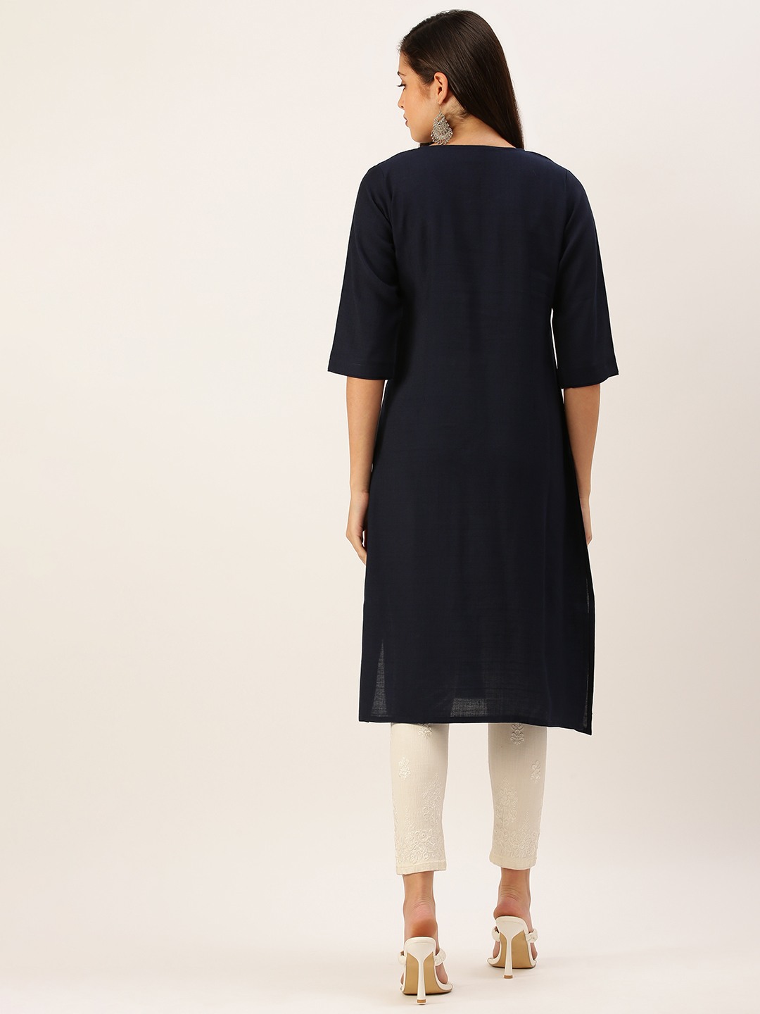SHOWOFF Women's Mid Length Navy Blue Solid Kurta