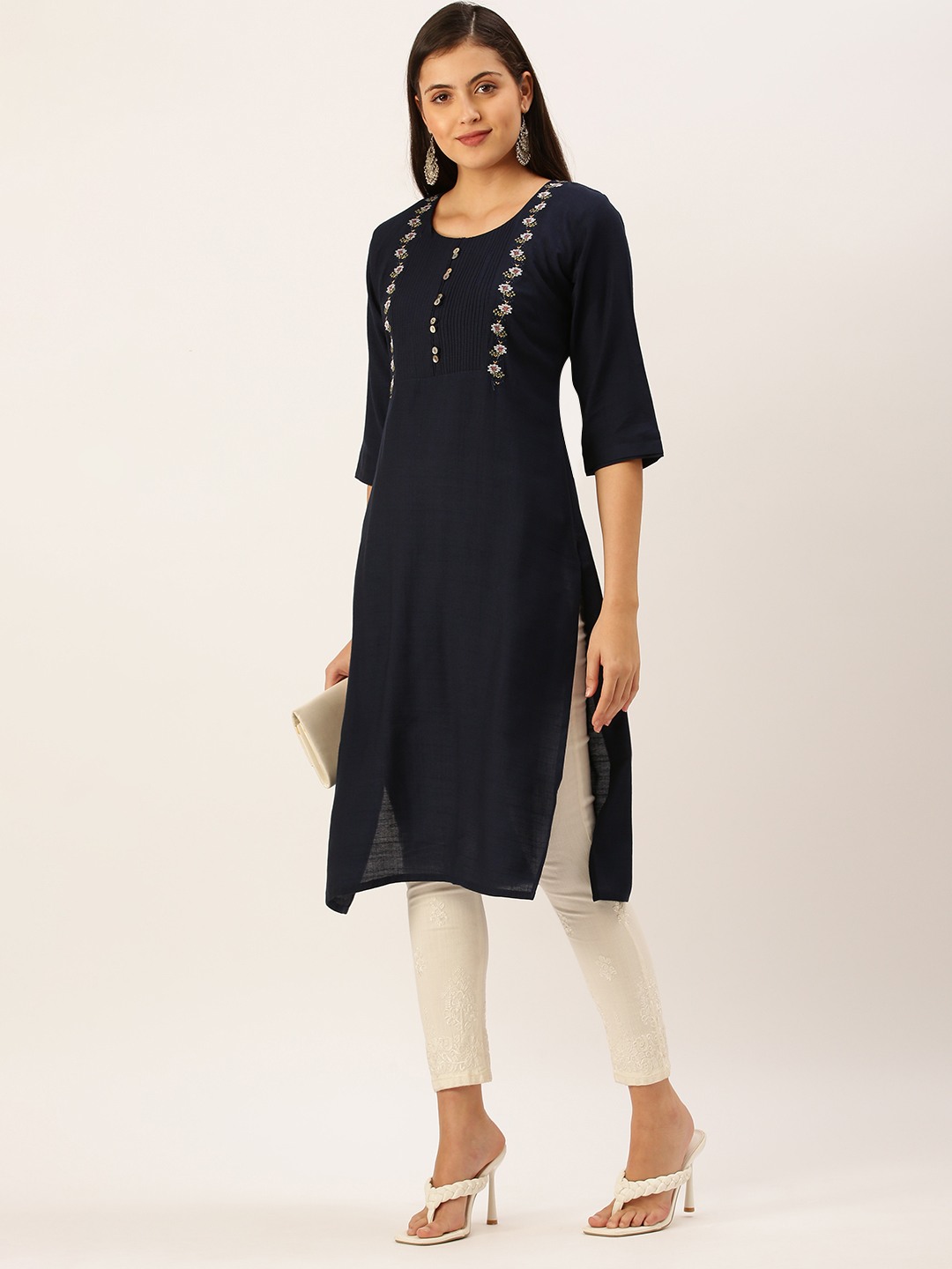 SHOWOFF Women's Mid Length Navy Blue Solid Kurta