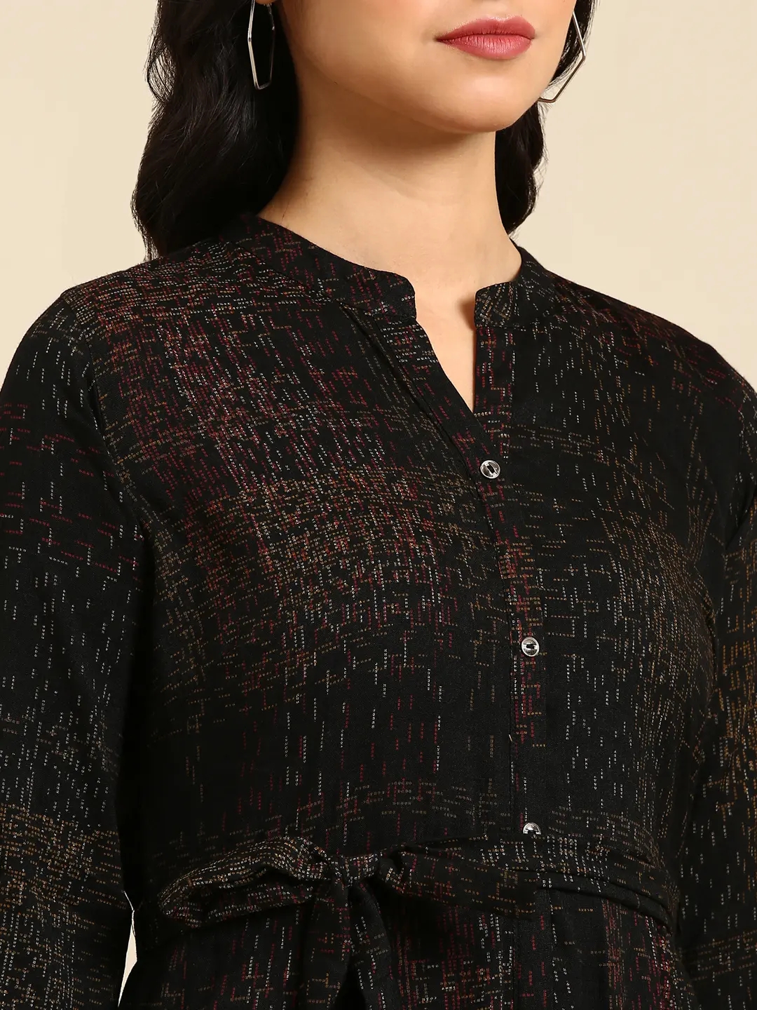 Showoff | SHOWOFF Women Black Abstract Mandarin Collar Three-Quarter Sleeves Mid Length Anarkali Kurta 5