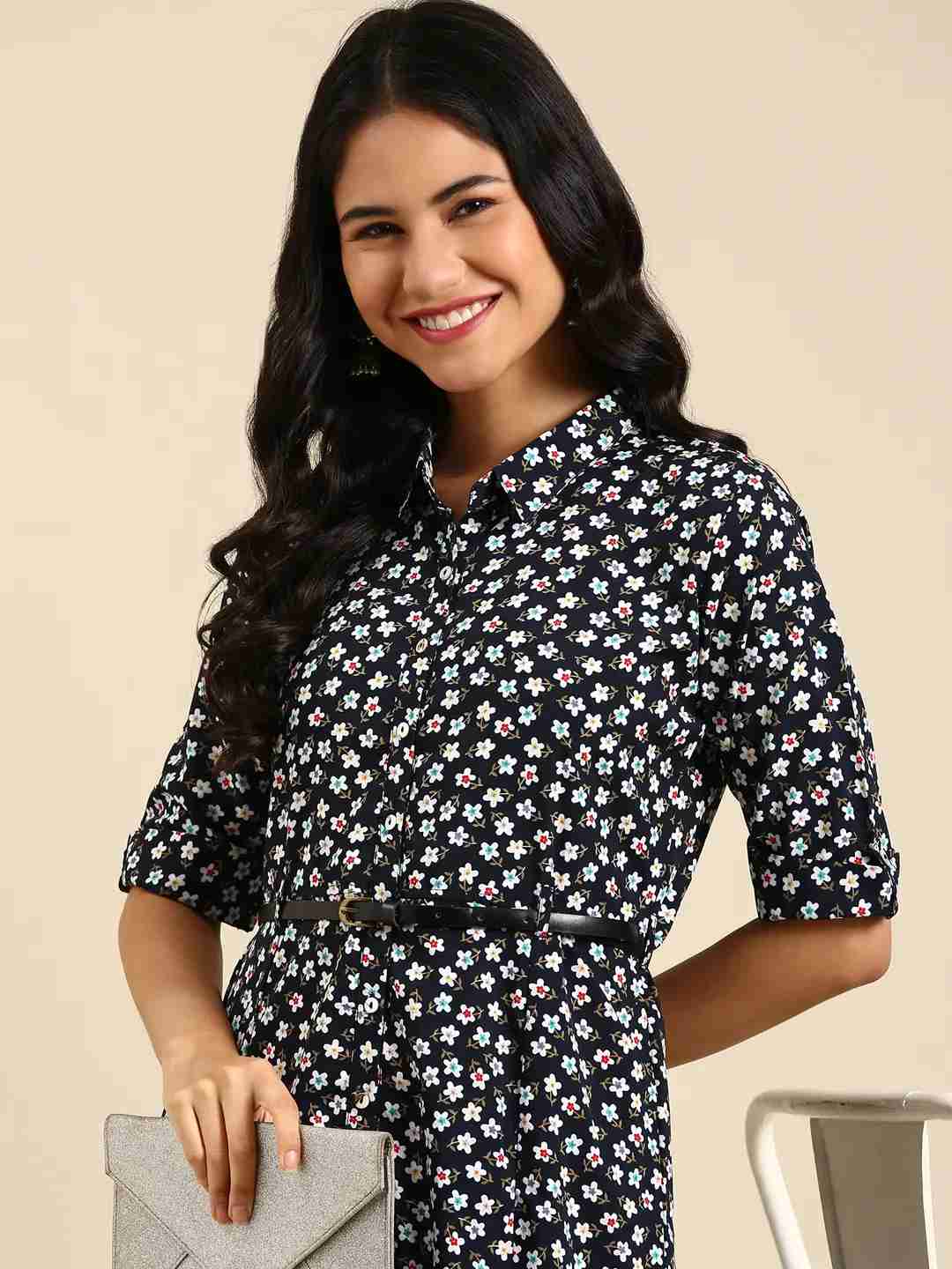 Showoff | SHOWOFF Women Navy Blue Floral Shirt Collar Three-Quarter Sleeves Mid Length A-Line Kurta 0