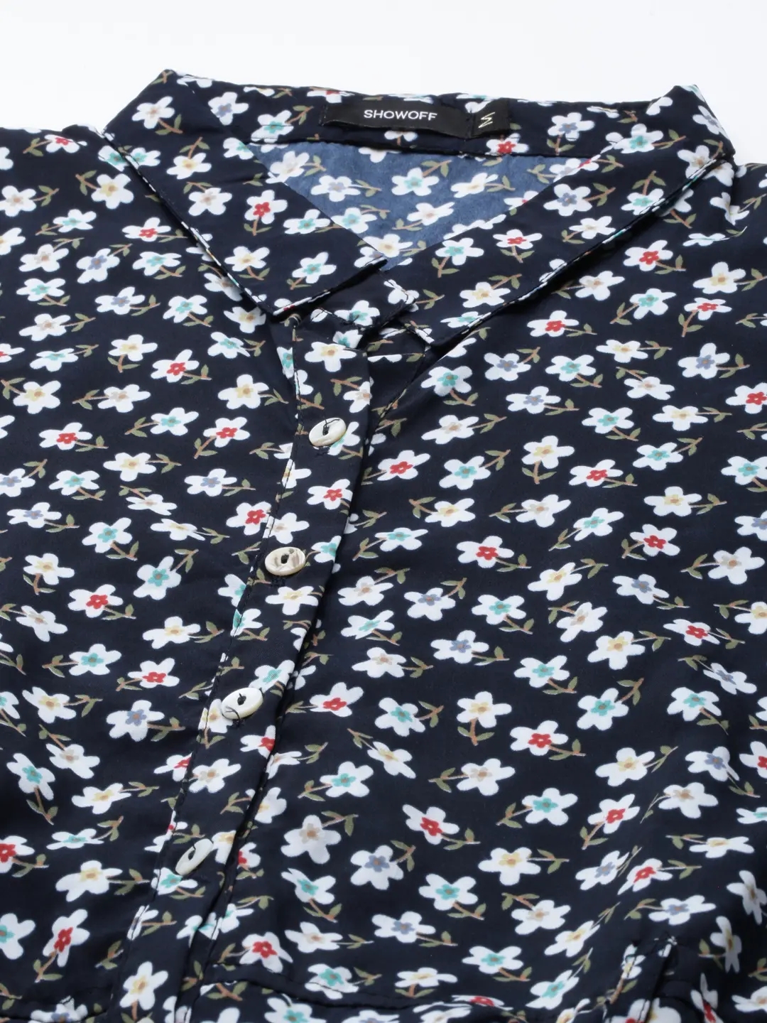 Showoff | SHOWOFF Women Navy Blue Floral Shirt Collar Three-Quarter Sleeves Mid Length A-Line Kurta 1