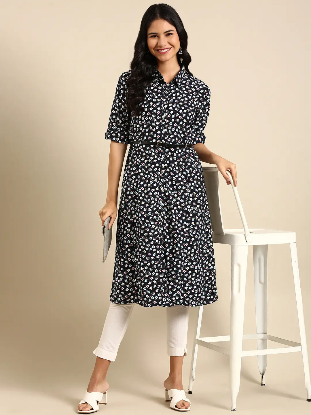 Showoff | SHOWOFF Women Navy Blue Floral Shirt Collar Three-Quarter Sleeves Mid Length A-Line Kurta 5