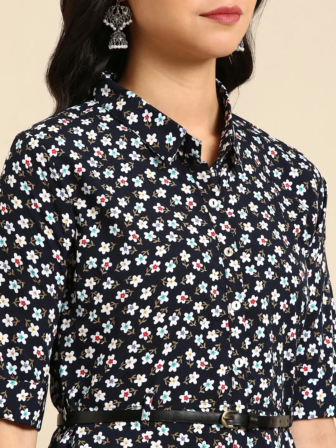 Showoff | SHOWOFF Women Navy Blue Floral Shirt Collar Three-Quarter Sleeves Mid Length A-Line Kurta 6
