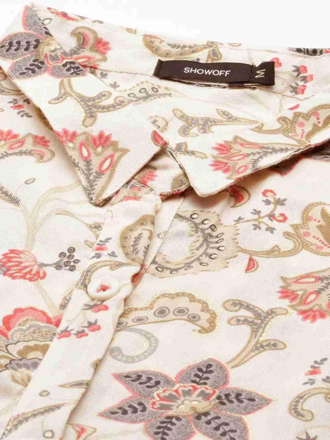 SHOWOFF Women Beige Floral Shirt Collar Short Sleeves Mid Length Anarkali Kurta