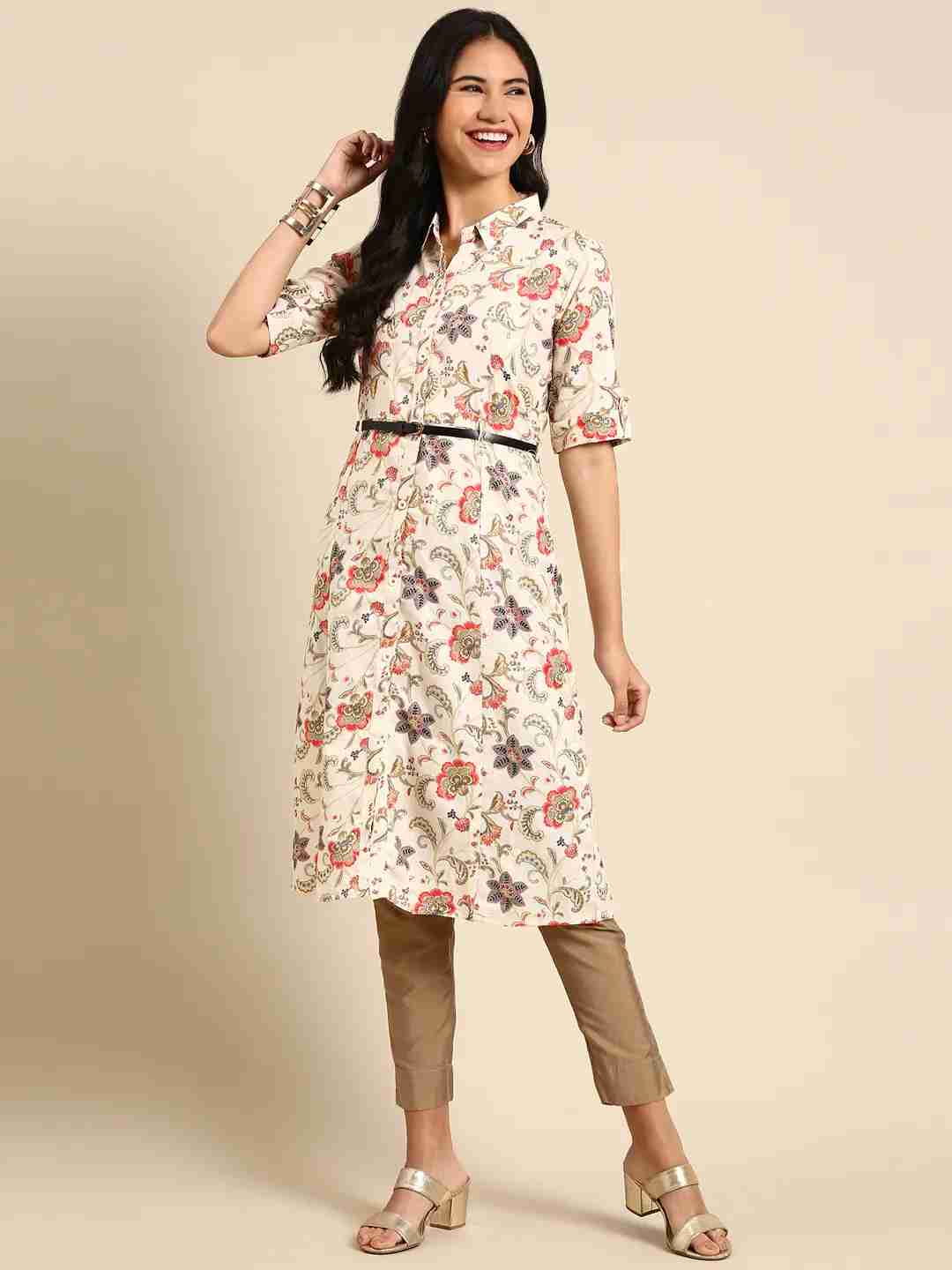 SHOWOFF Women Beige Floral Shirt Collar Short Sleeves Mid Length Anarkali Kurta